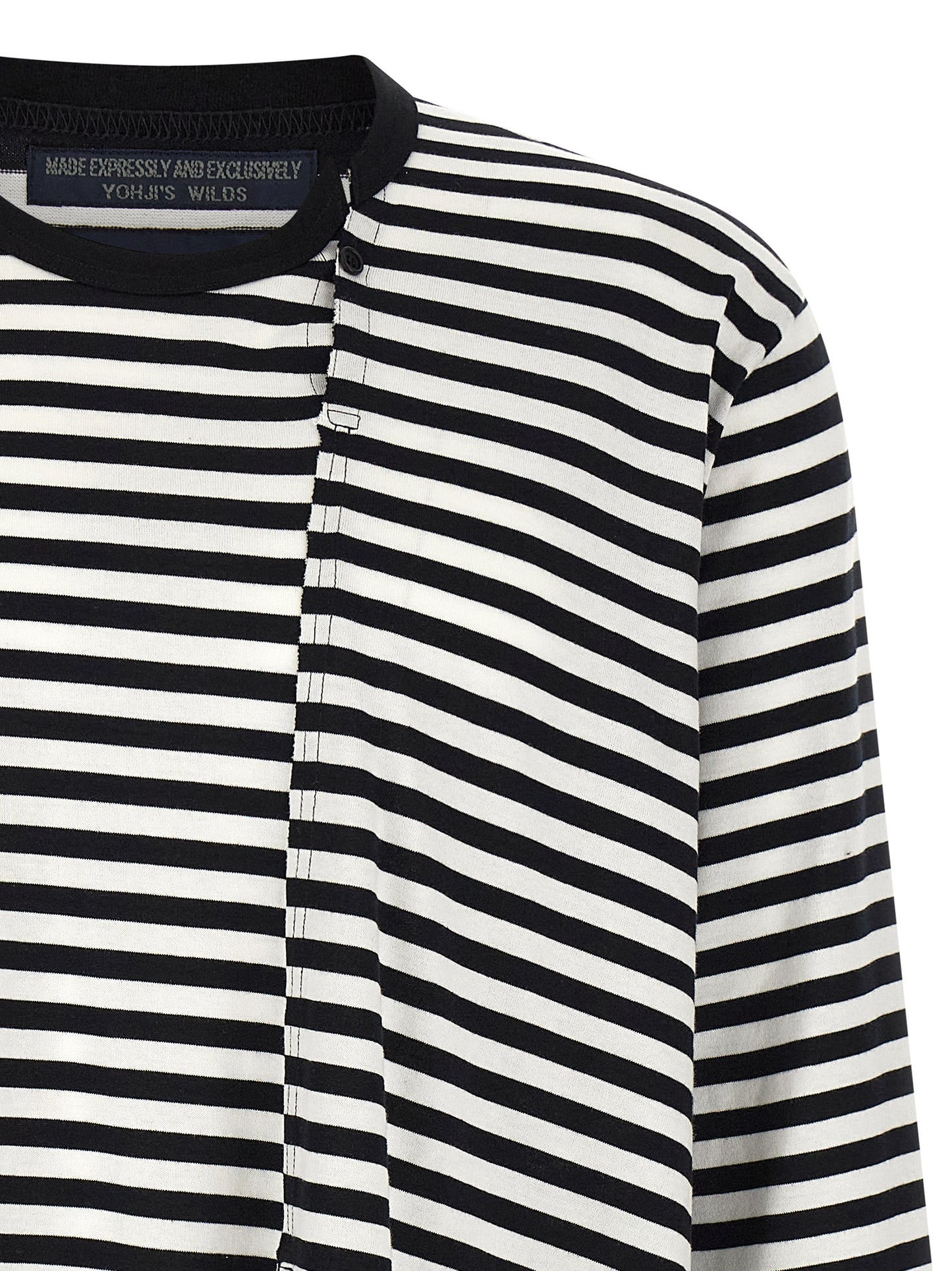 Cardigan by Yohji Yamamoto for men in cotton bicolour, black, white & striped showcases a captivating silhouette, artfully detailed with a captivating and crew asymmetric neckline for a truly sophisticated captivating look.