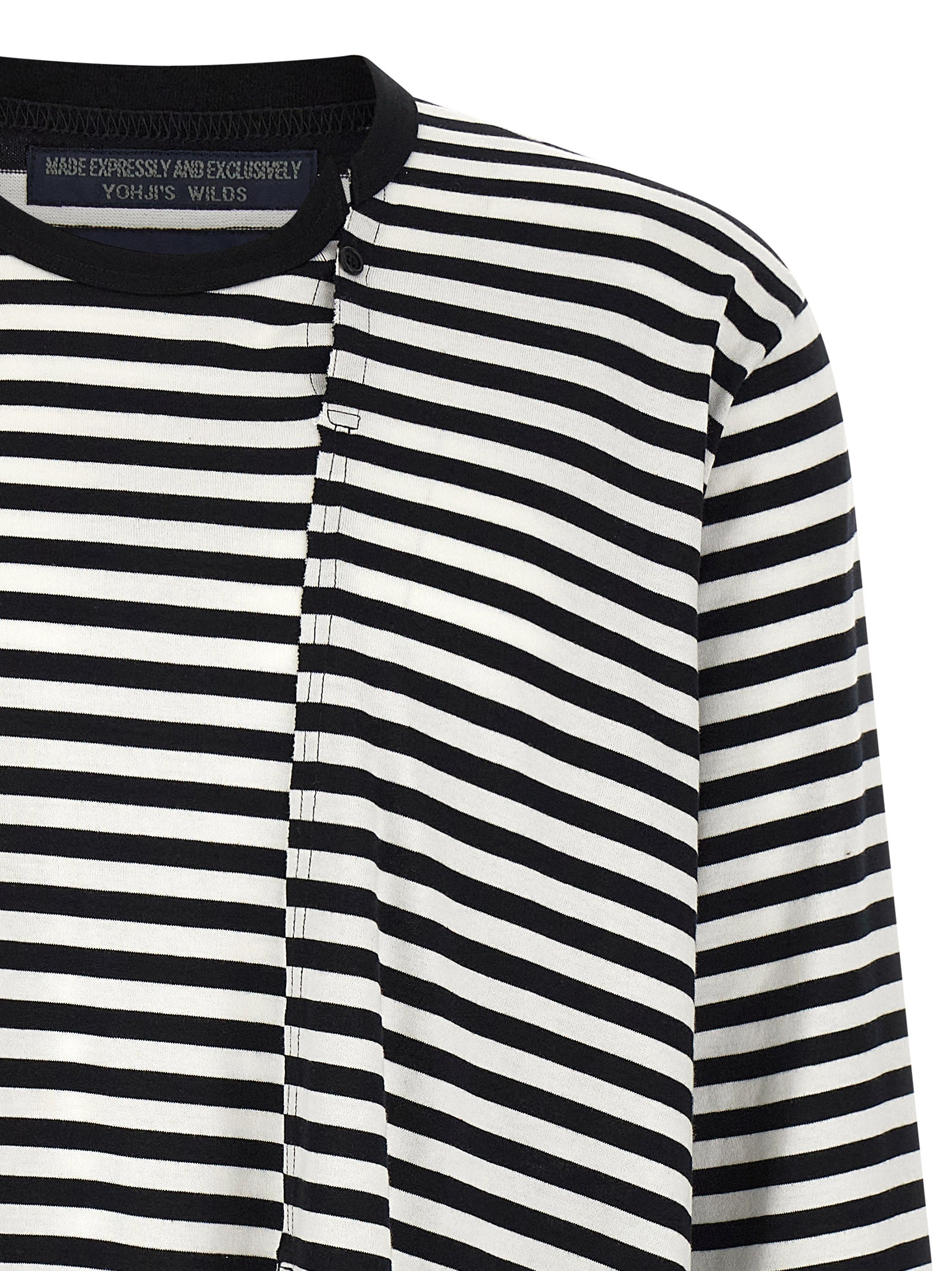 Cardigan by Yohji Yamamoto for men in cotton bicolour, black, white & striped showcases a captivating silhouette, artfully detailed with a captivating and crew asymmetric neckline for a truly sophisticated captivating look.