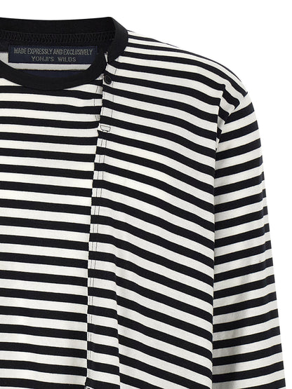 Cardigan by Yohji Yamamoto for men in cotton bicolour, black, white & striped showcases a captivating silhouette, artfully detailed with a captivating and crew asymmetric neckline for a truly sophisticated captivating look.