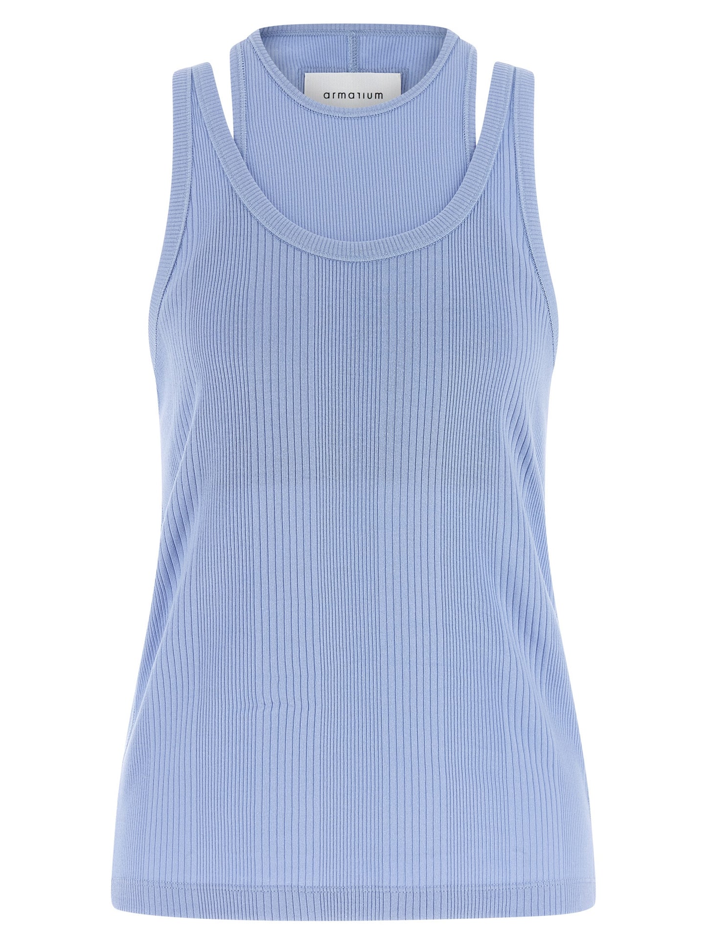 T-Shirt by Armarium for women in cotton light-blue showcases a dramatic silhouette, elegantly detailed with a dramatic round neckline and sleeveless for a truly dramatic finish.