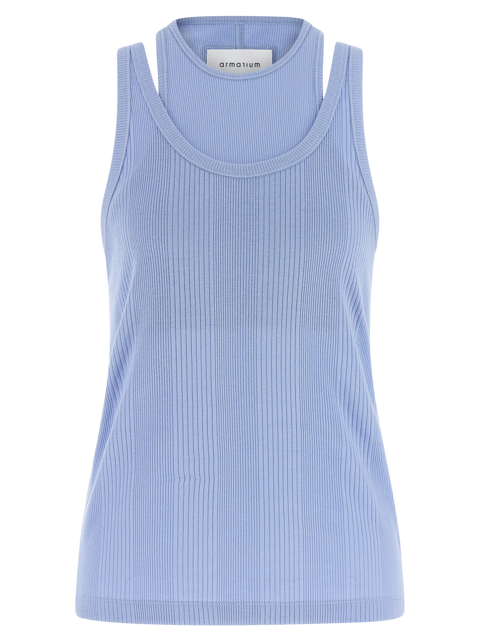 T-Shirt by Armarium for women in cotton light-blue showcases a dramatic silhouette, elegantly detailed with a dramatic round neckline and sleeveless for a truly dramatic finish.