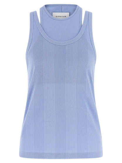 T-Shirt by Armarium for women in cotton light-blue showcases a dramatic silhouette, elegantly detailed with a dramatic round neckline and sleeveless for a truly dramatic finish.