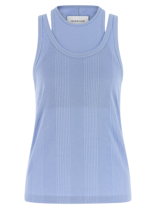 T-Shirt by Armarium for women in cotton light-blue showcases a dramatic silhouette, elegantly detailed with a dramatic round neckline and sleeveless for a truly dramatic finish.