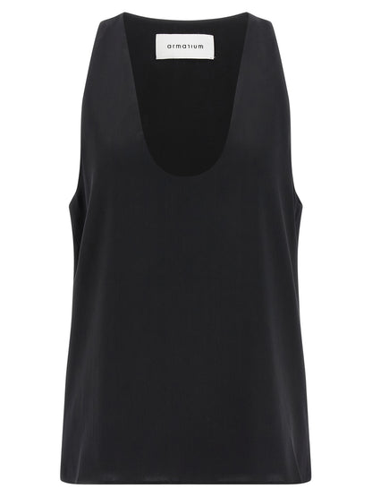 Tank Top by Armarium for women in silk satin black & transparent showcases a streamlined Women's Silk Satin Tank Top design with a streamlined sleeveless and .