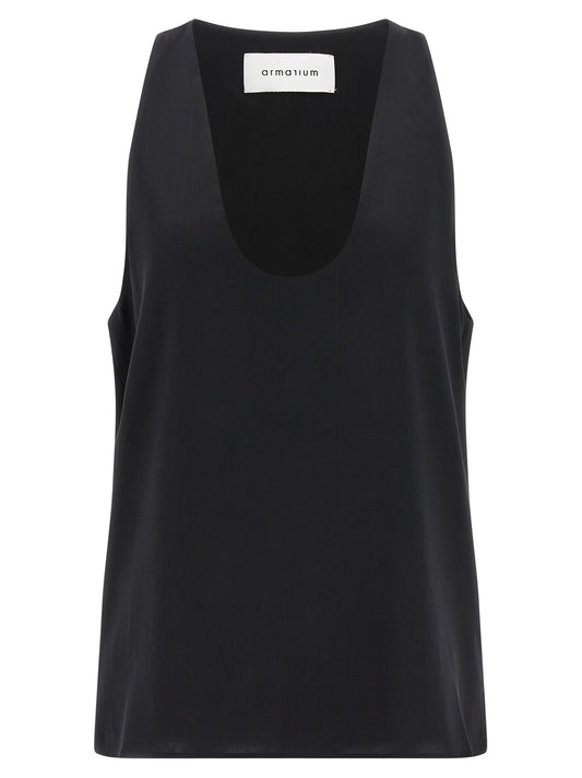 Tank Top by Armarium for women in silk satin black & transparent showcases a streamlined Women's Silk Satin Tank Top design with a streamlined sleeveless and .