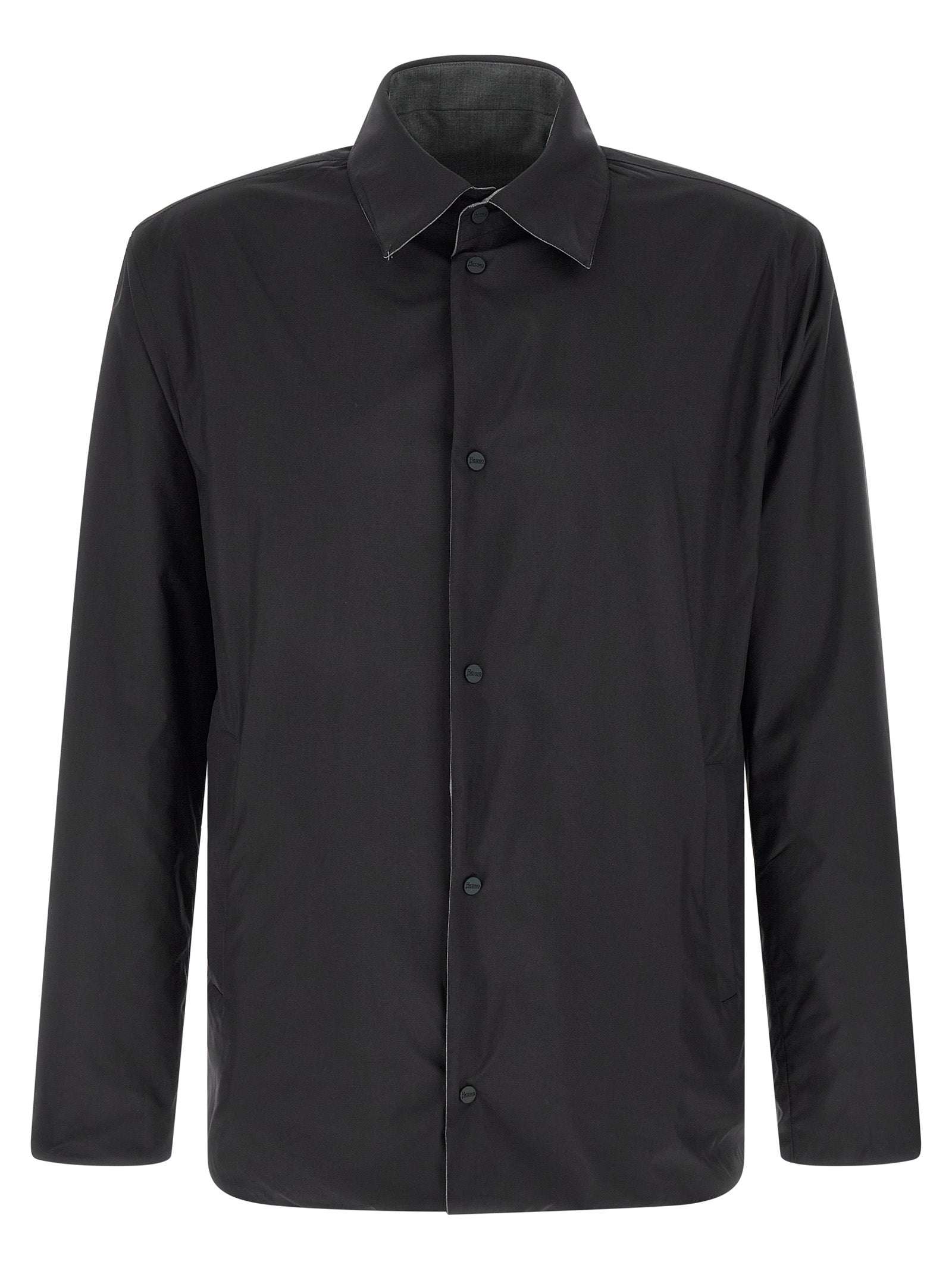 Overcoat by Herno for men in nylon polyester wool gray features a cosy chic silhouette, artfully detailed with a sophisticated and premium pockets for a cosy chic finish.