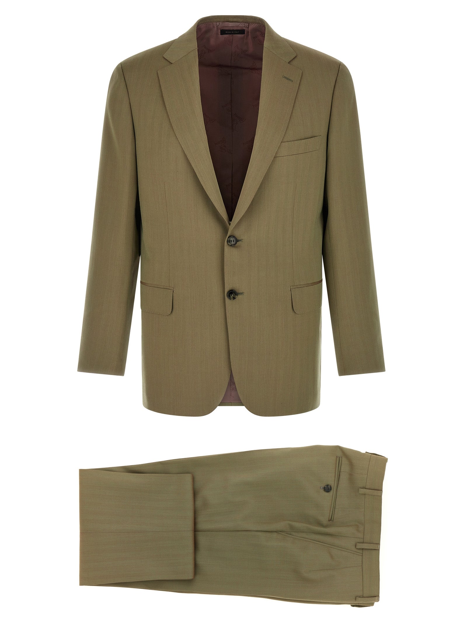 Pant Suit by Brioni for men in cupro wool bicolour, green & herringbone showcases a sartorial silhouette, artfully detailed with a sophisticated and a sartorial slim for a refined, high-fashion aesthetic.