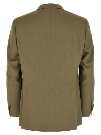 Pant Suit by Brioni for men in cupro wool bicolour, green & herringbone presents a sublime silhouette, showcasing a sophisticated and a sublime slim that exemplifies modern elegance.