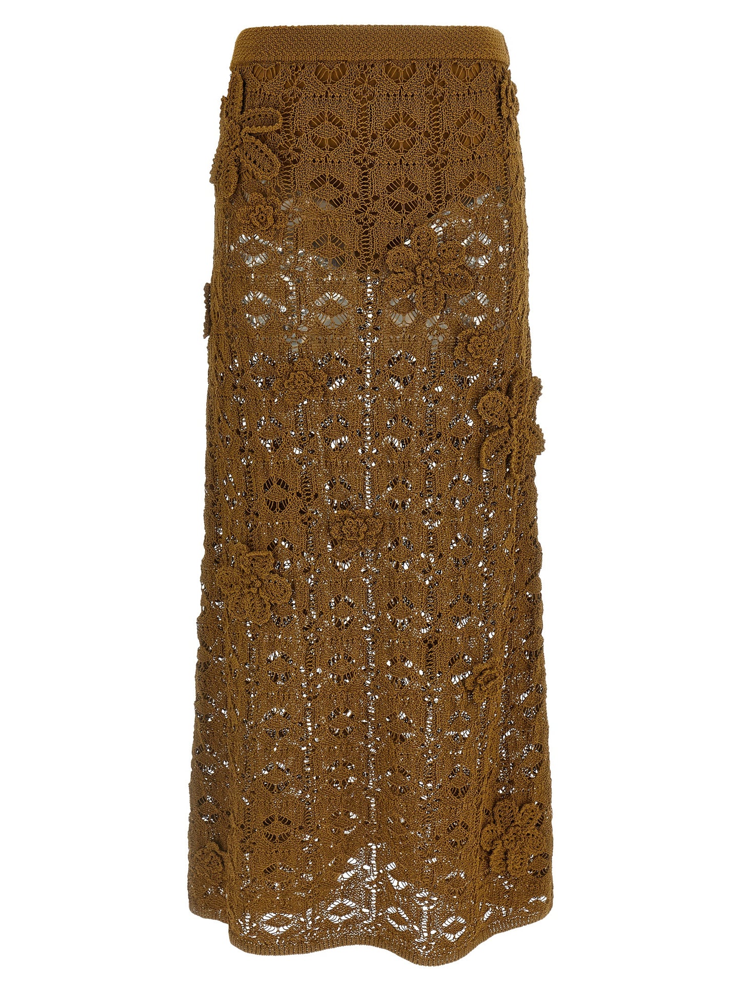 Skirt by PINKO for women in cotton brown & floral features a sublime silhouette, showcasing the sublime design of the Crochet Women's Flared High Rise Cotton Midi Skirt in a sophisticated midi.