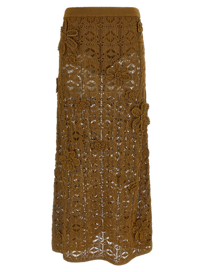 Skirt by PINKO for women in cotton brown & floral features a sublime silhouette, showcasing the sublime design of the Crochet Women's Flared High Rise Cotton Midi Skirt in a sophisticated midi.