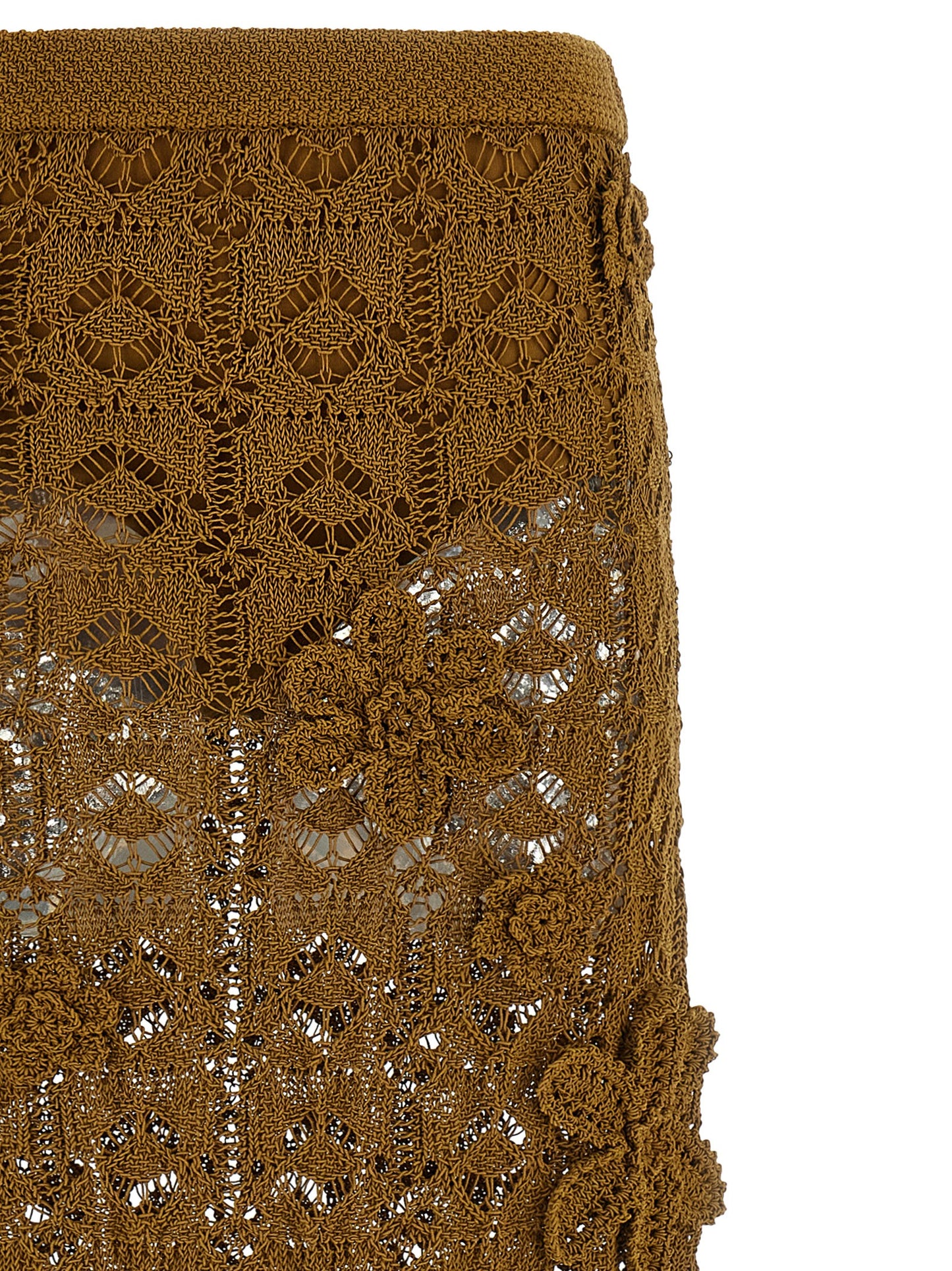 Skirt by PINKO for women in cotton brown & floral showcases a sultry silhouette, elegantly defined by its midi and the sophisticated sultry design of the Crochet Women's Flared High Rise Cotton Midi Skirt.