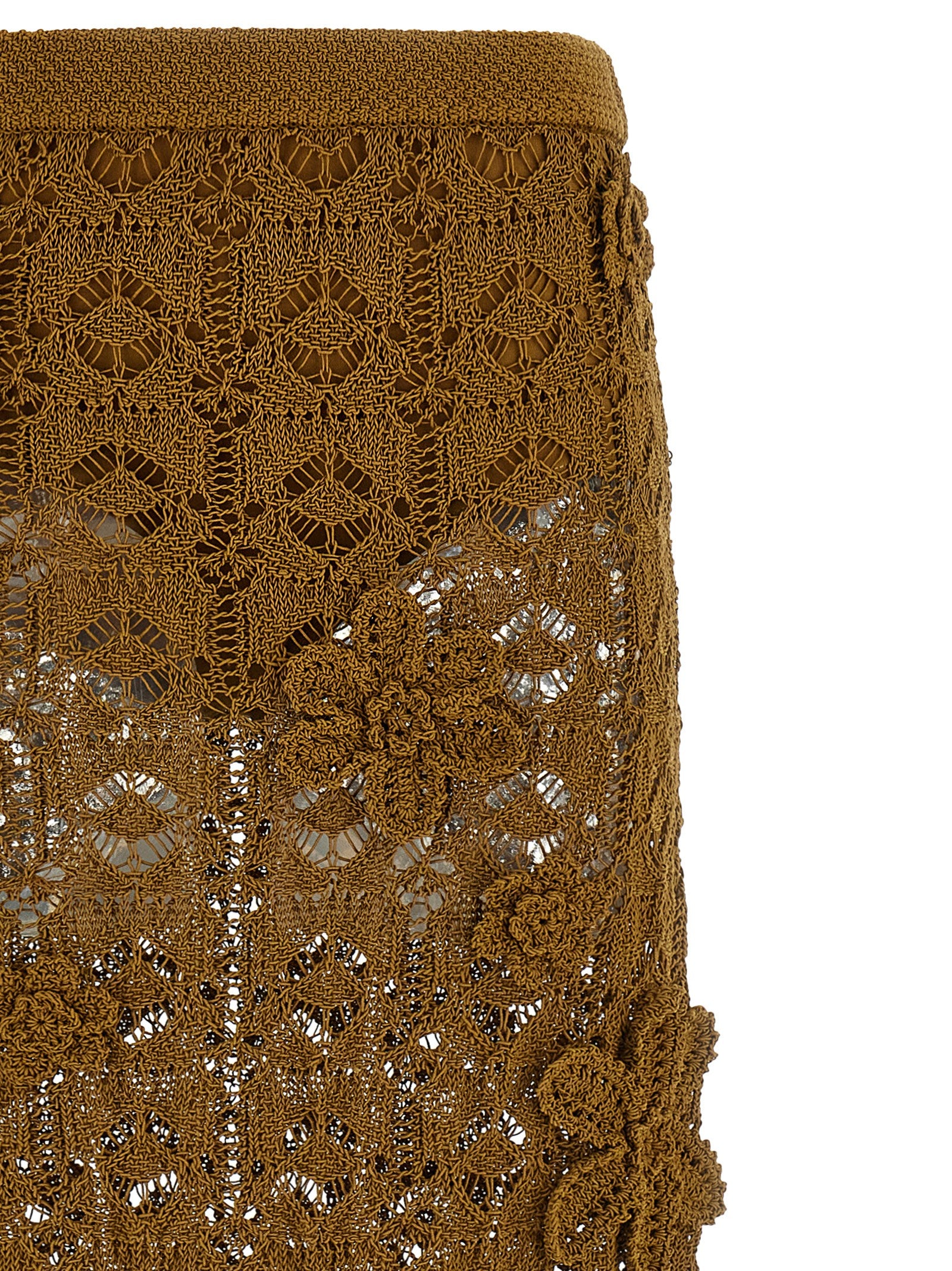 Skirt by PINKO for women in cotton brown & floral showcases a sultry silhouette, elegantly defined by its midi and the sophisticated sultry design of the Crochet Women's Flared High Rise Cotton Midi Skirt.