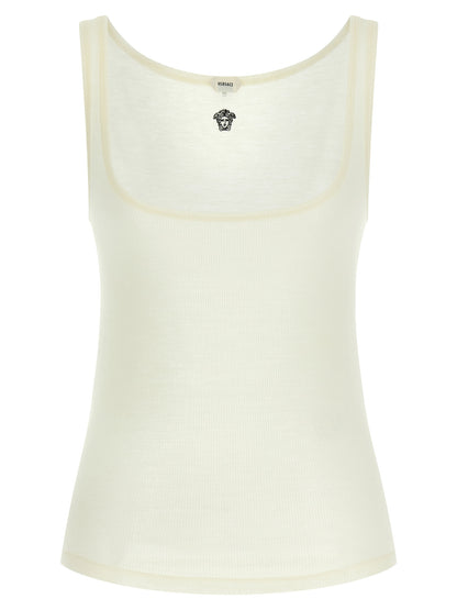 T-Shirt by Versace for women in virgin wool white features an edgy silhouette, meticulously detailed with a sophisticated sleeveless and round neckline for a truly edgy finish.