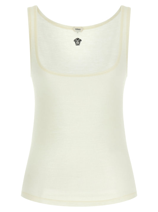T-Shirt by Versace for women in virgin wool white features an edgy silhouette, meticulously detailed with a sophisticated sleeveless and round neckline for a truly edgy finish.