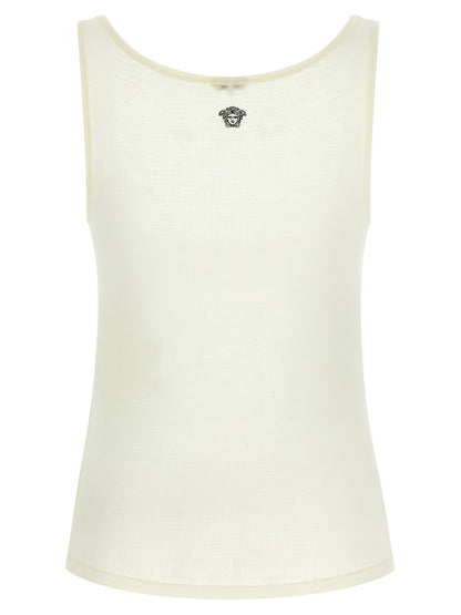 T-Shirt by Versace for women in virgin wool white features an on trend silhouette, perfectly showcasing a on trend and round neckline for an elevated aesthetic.