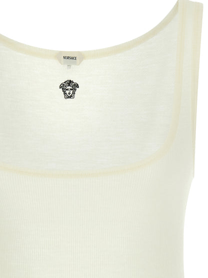 T-Shirt by Versace for women in virgin wool white features an edgy silhouette, meticulously detailed with a sophisticated and round neckline for a truly edgy finish.