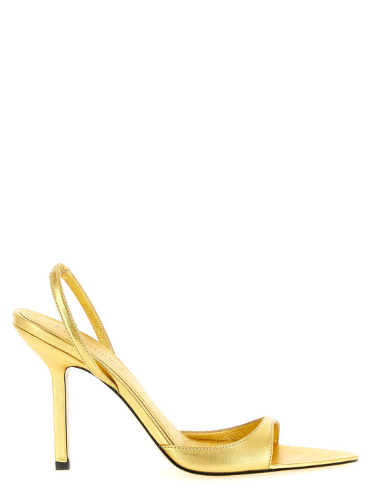 Stiletto Ankle Strap Sandals by Armarium for women in nappa lambskin leather gold & natural features an exquisite silhouette, showcasing the exquisite Women's Nappa Lambskin Leather Stiletto Ankle Strap Sandals with a stiletto and pointed toe style.