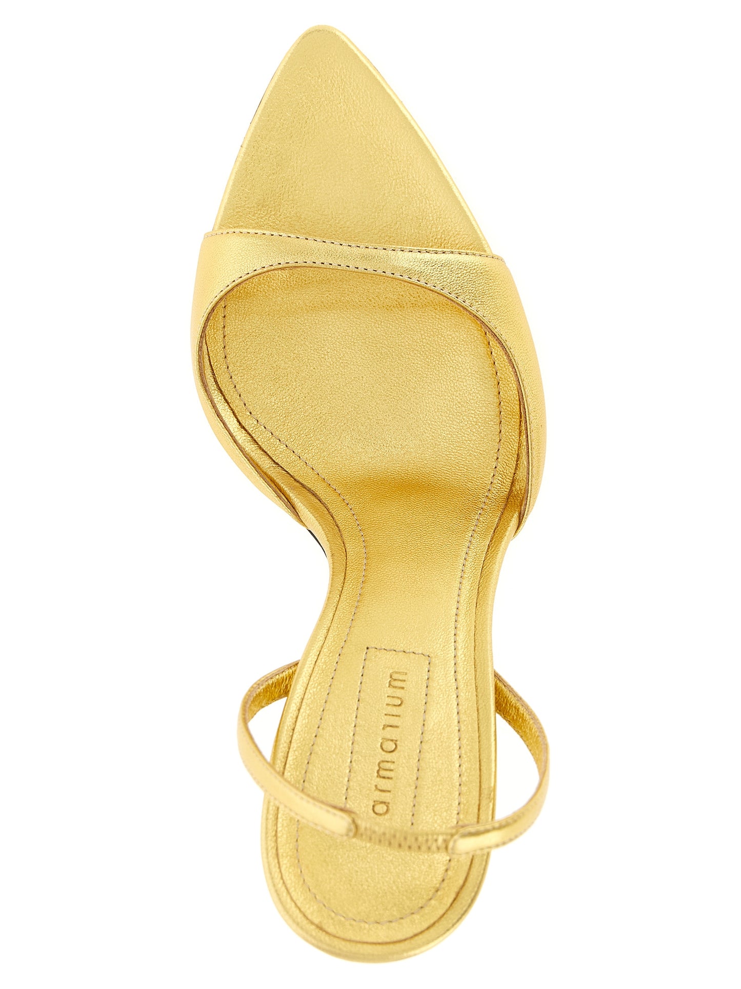 Stiletto Ankle Strap Sandals by Armarium for women in nappa lambskin leather gold & natural showcases a sculptural silhouette as Women's Nappa Lambskin Leather Stiletto Ankle Strap Sandals, defined by a sculptural stiletto and sculptural pointed toe style for a sculptural look.