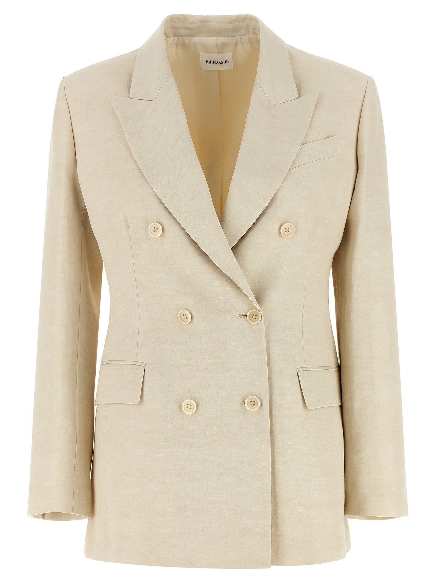Blazer by P.A.R.O.S.H. for women in linen & viscose beige features an crisp silhouette with sophisticated and a crisp v-neck neckline for a truly crisp finish.