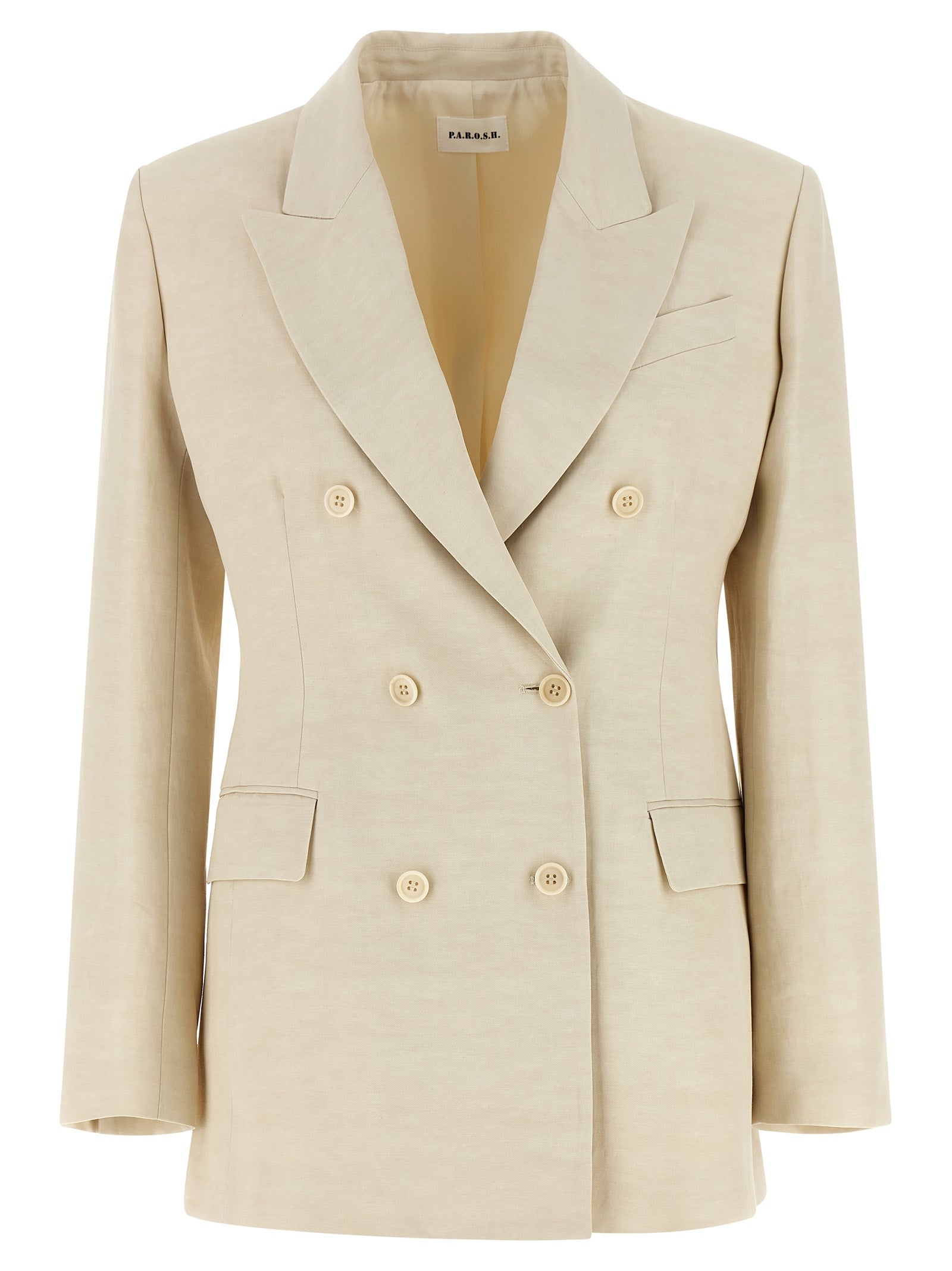 Blazer by P.A.R.O.S.H. for women in linen & viscose beige features an crisp silhouette with sophisticated and a crisp v-neck neckline for a truly crisp finish.