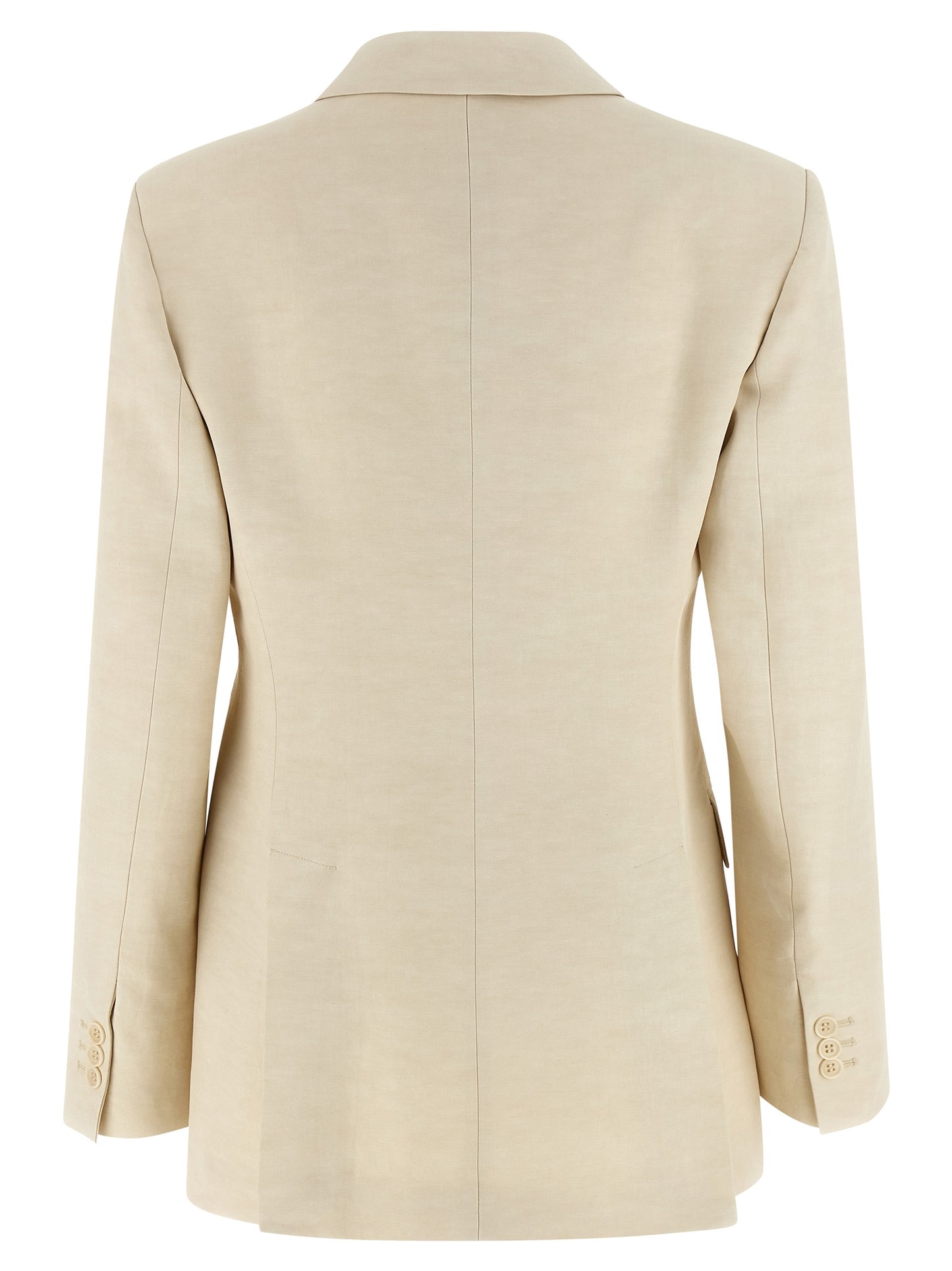 Blazer by P.A.R.O.S.H. for women in linen & viscose beige showcases a discerning silhouette, elegantly detailed with a sophisticated v-neck neckline and premium for a truly discerning finish.