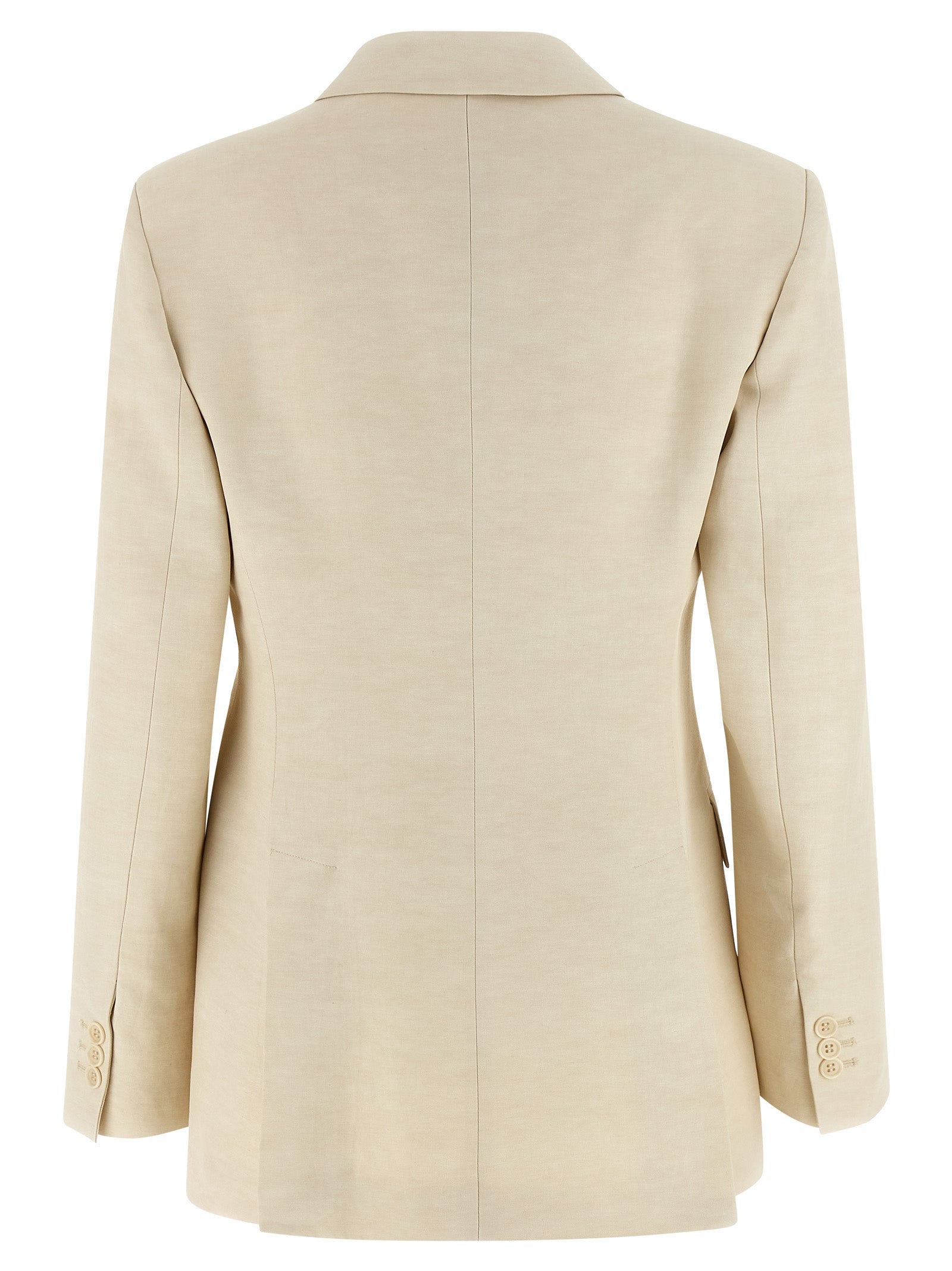 Blazer by P.A.R.O.S.H. for women in linen & viscose beige showcases a discerning silhouette, elegantly detailed with a sophisticated v-neck neckline and premium for a truly discerning finish.