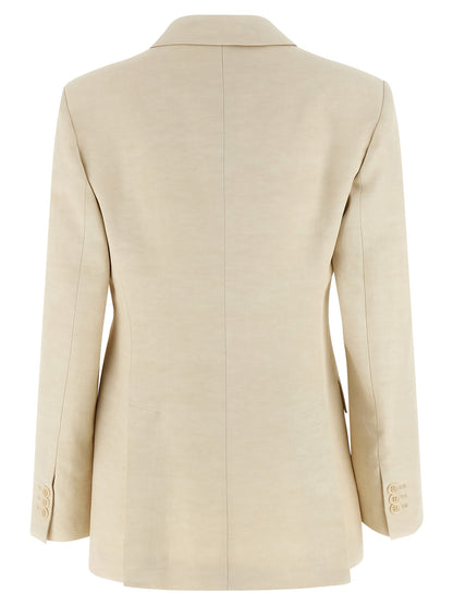 Blazer by P.A.R.O.S.H. for women in linen & viscose beige showcases a discerning silhouette, elegantly detailed with a sophisticated v-neck neckline and premium for a truly discerning finish.