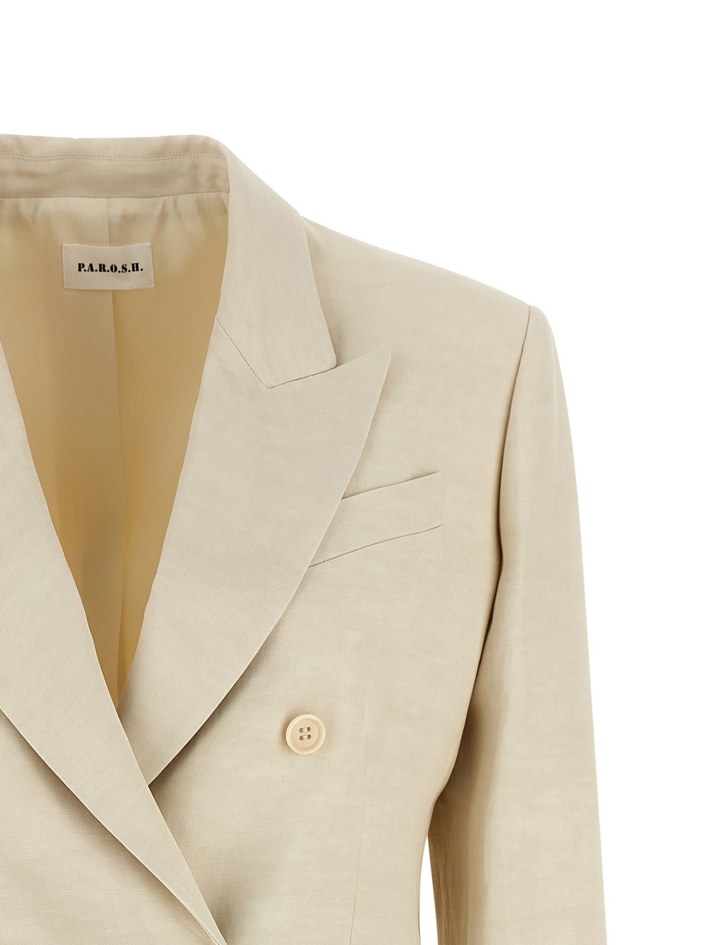 Blazer by P.A.R.O.S.H. for women in linen & viscose beige presents a distinguished silhouette, detailed with a distinguished v-neck neckline and distinctive for a truly sophisticated finish.