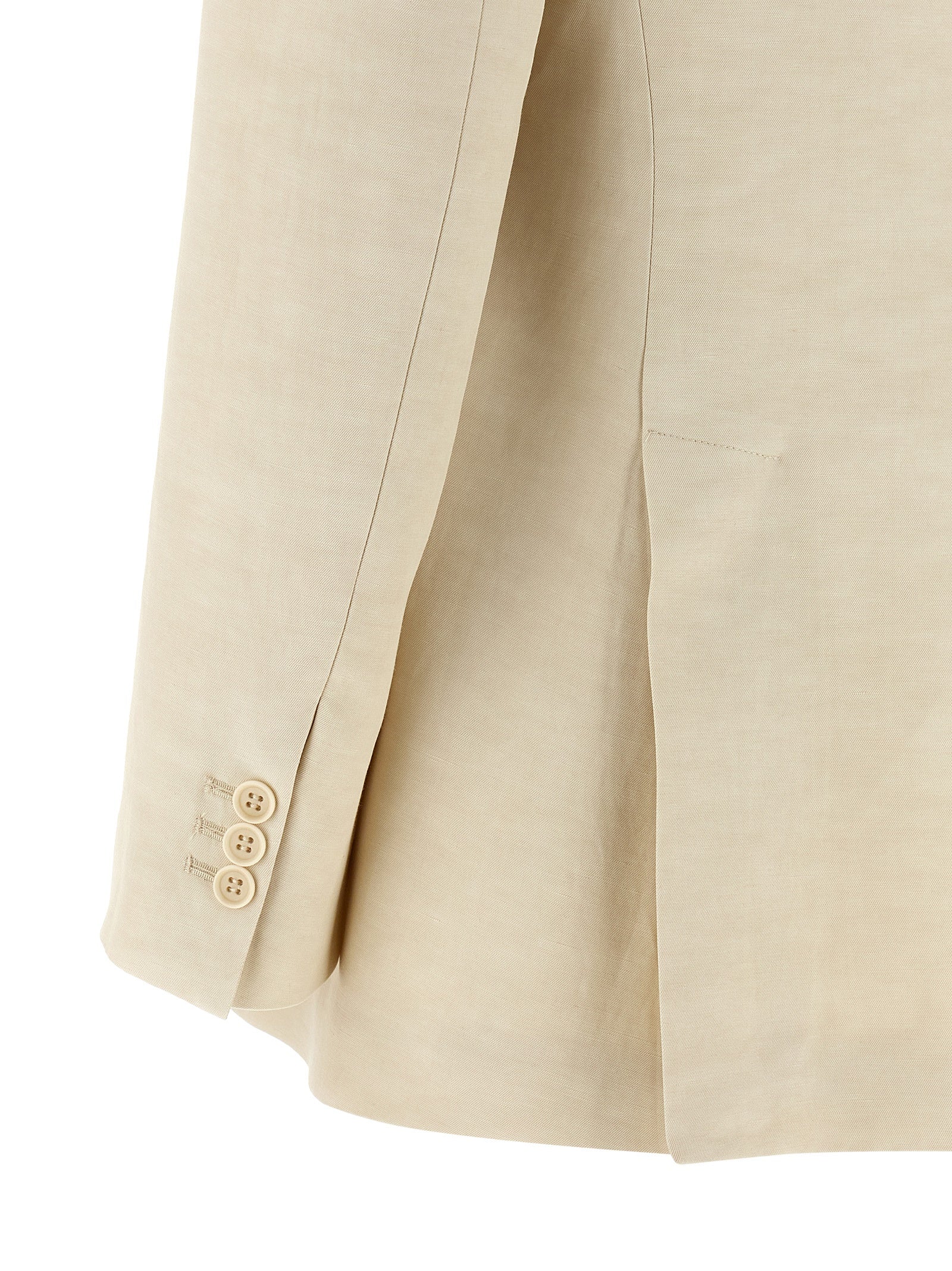 Blazer by P.A.R.O.S.H. for women in linen & viscose beige showcases a polished silhouette, highlighted by a refined and polished for a sophisticated finish.
