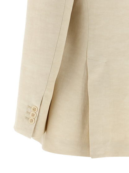 Blazer by P.A.R.O.S.H. for women in linen & viscose beige showcases a polished silhouette, highlighted by a refined and polished for a sophisticated finish.