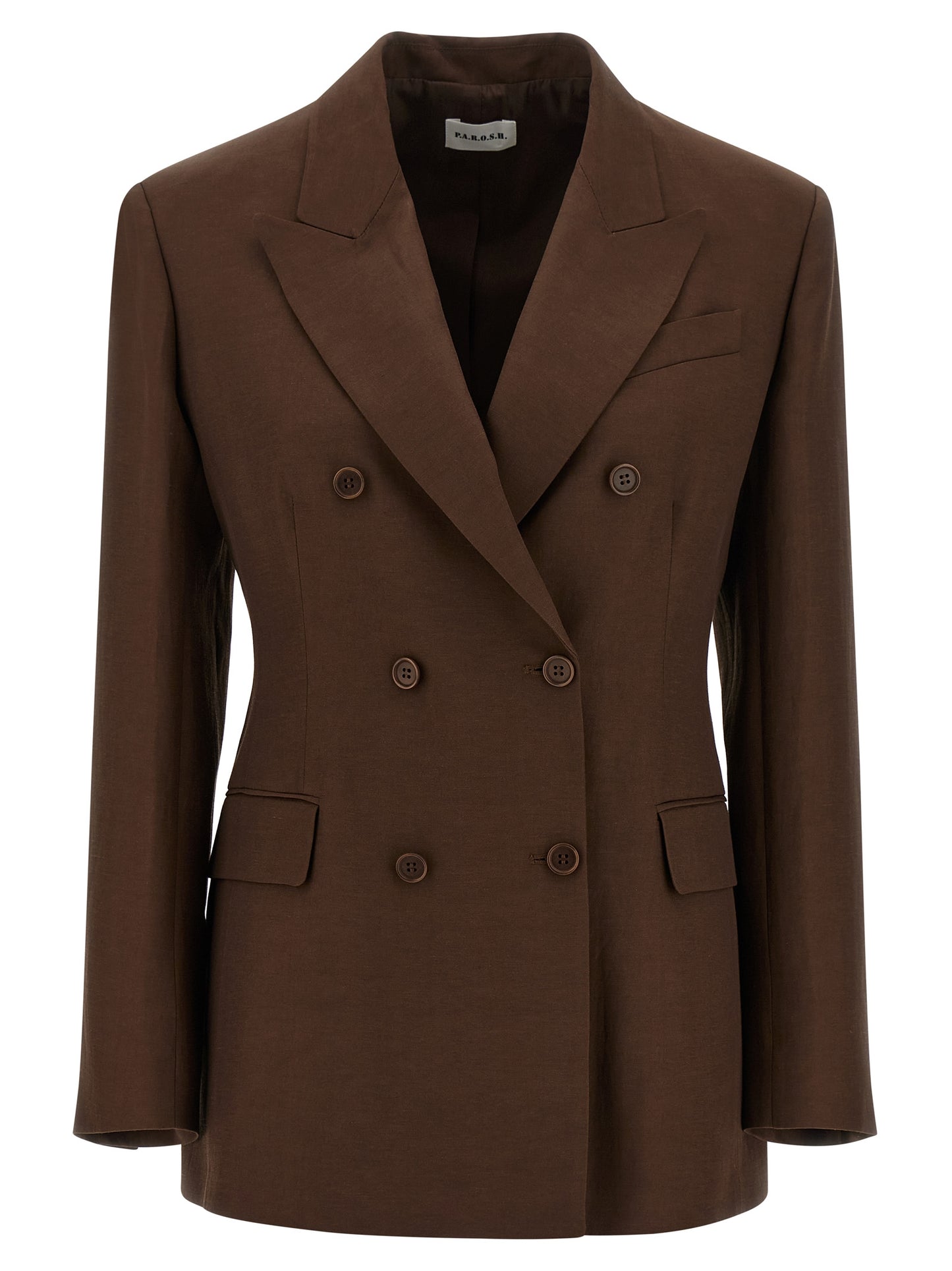 Blazer by P.A.R.O.S.H. for women in linen & viscose brown showcases a discerning silhouette, elegantly detailed with a sophisticated v-neck neckline and premium for a truly discerning finish.