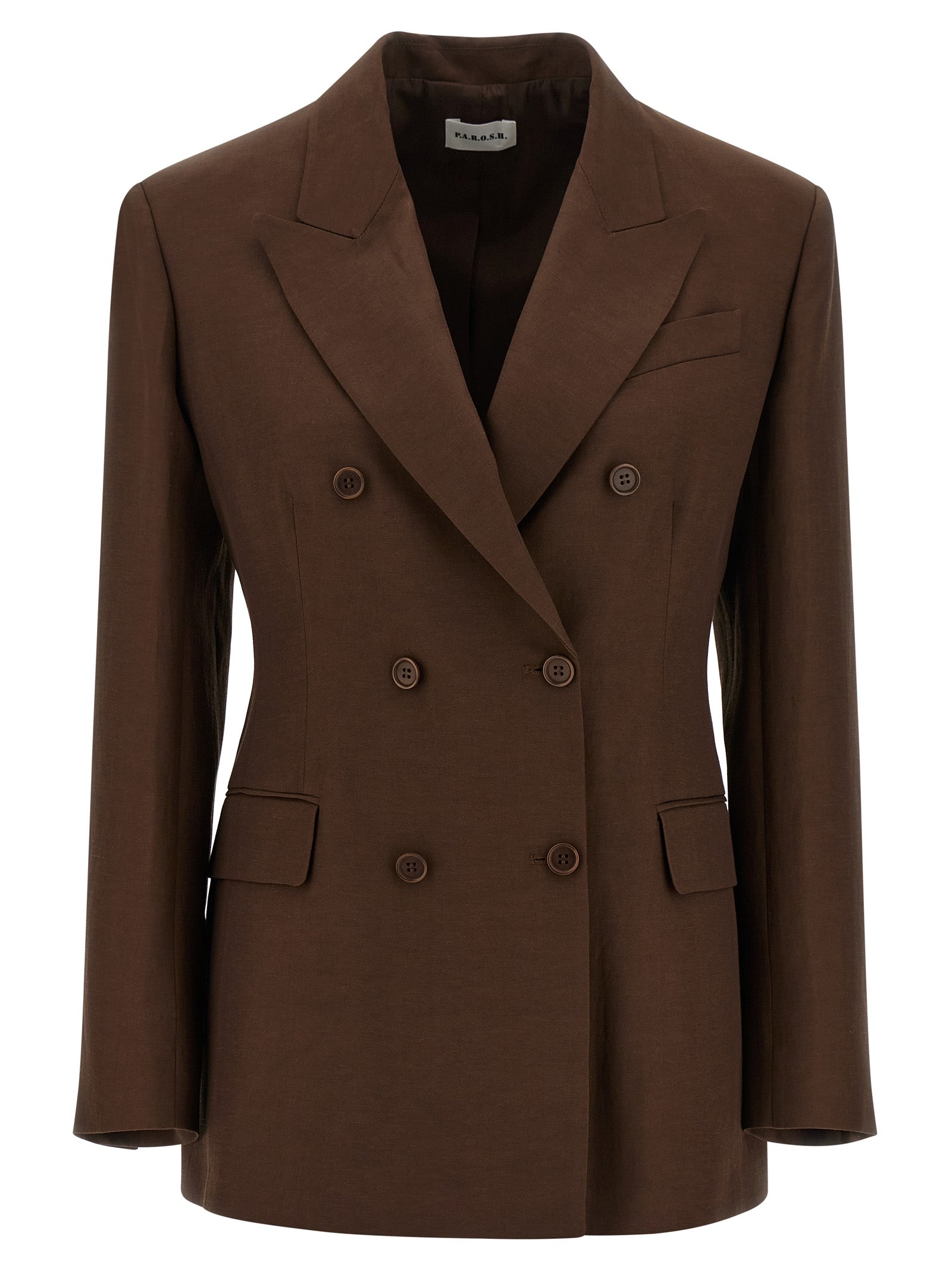 Blazer by P.A.R.O.S.H. for women in linen & viscose brown showcases a discerning silhouette, elegantly detailed with a sophisticated v-neck neckline and premium for a truly discerning finish.