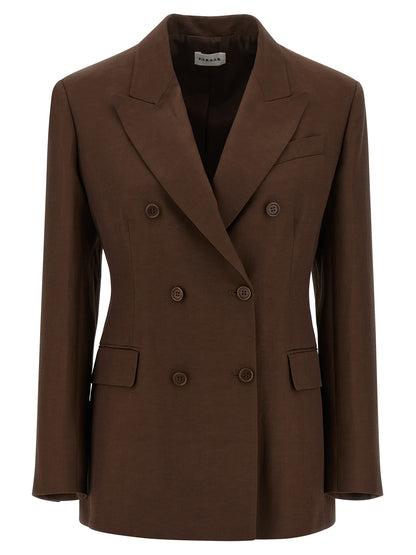 Blazer by P.A.R.O.S.H. for women in linen & viscose brown showcases a discerning silhouette, elegantly detailed with a sophisticated v-neck neckline and premium for a truly discerning finish.