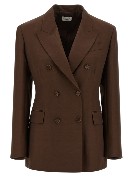 Blazer by P.A.R.O.S.H. for women in linen & viscose brown showcases a discerning silhouette, elegantly detailed with a sophisticated v-neck neckline and premium for a truly discerning finish.