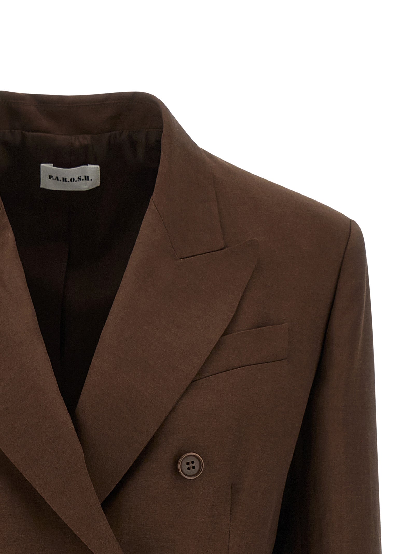Blazer by P.A.R.O.S.H. for women in linen & viscose brown showcases a discerning silhouette, elegantly detailed with a sophisticated v-neck neckline and premium for a truly discerning finish.