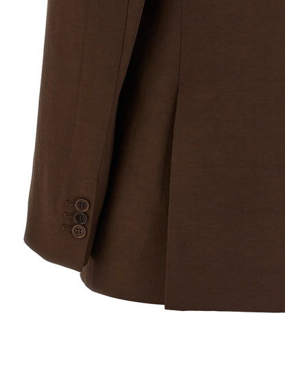 Blazer by P.A.R.O.S.H. for women in linen & viscose brown showcases a polished silhouette, highlighted by a refined and polished for a sophisticated finish.