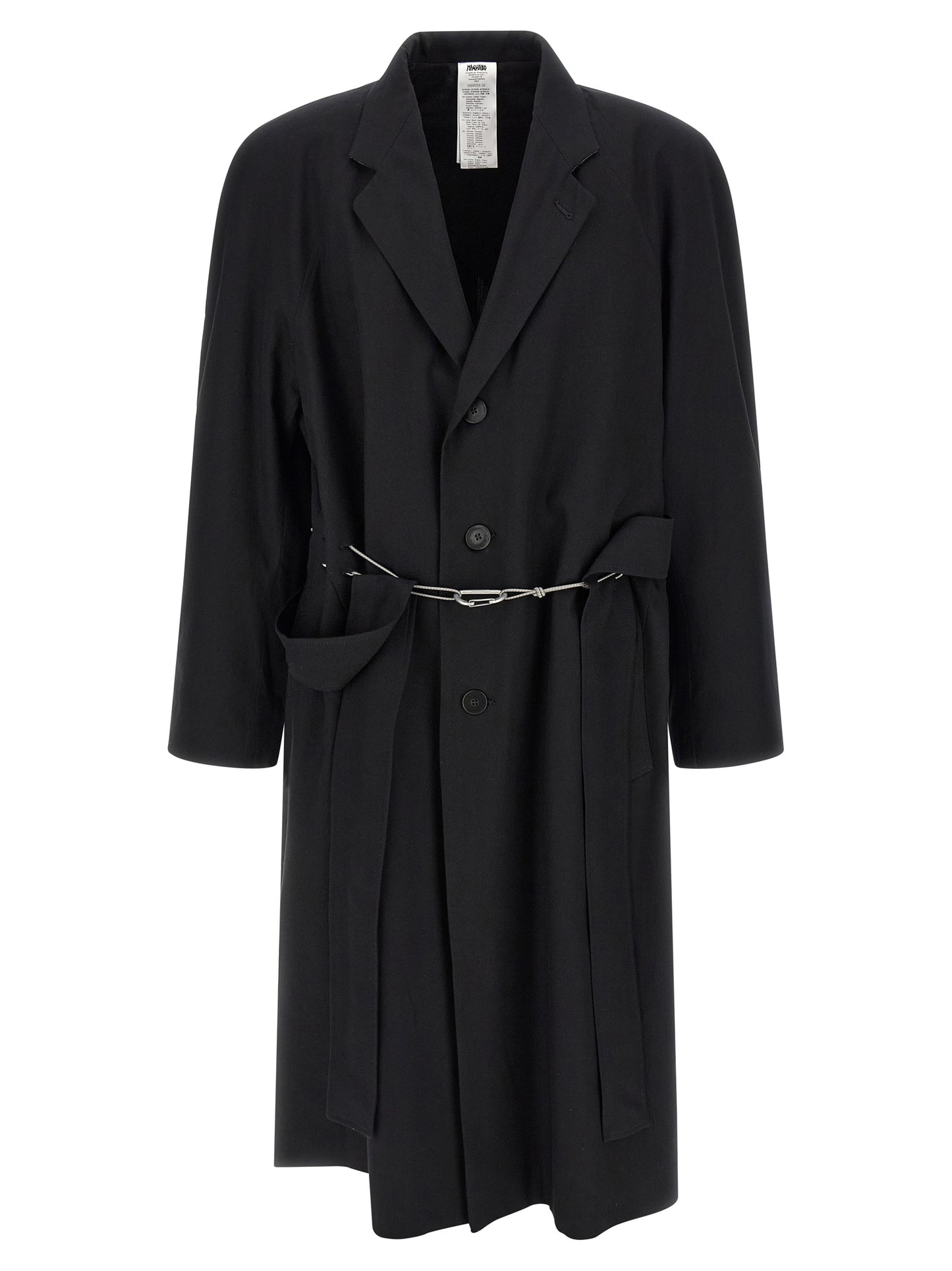 Trench Coat by Magliano for men in cotton black presents an sculptural silhouette, artfully detailed with a sculptural v-neck neckline and functional for a truly sculptural finish.