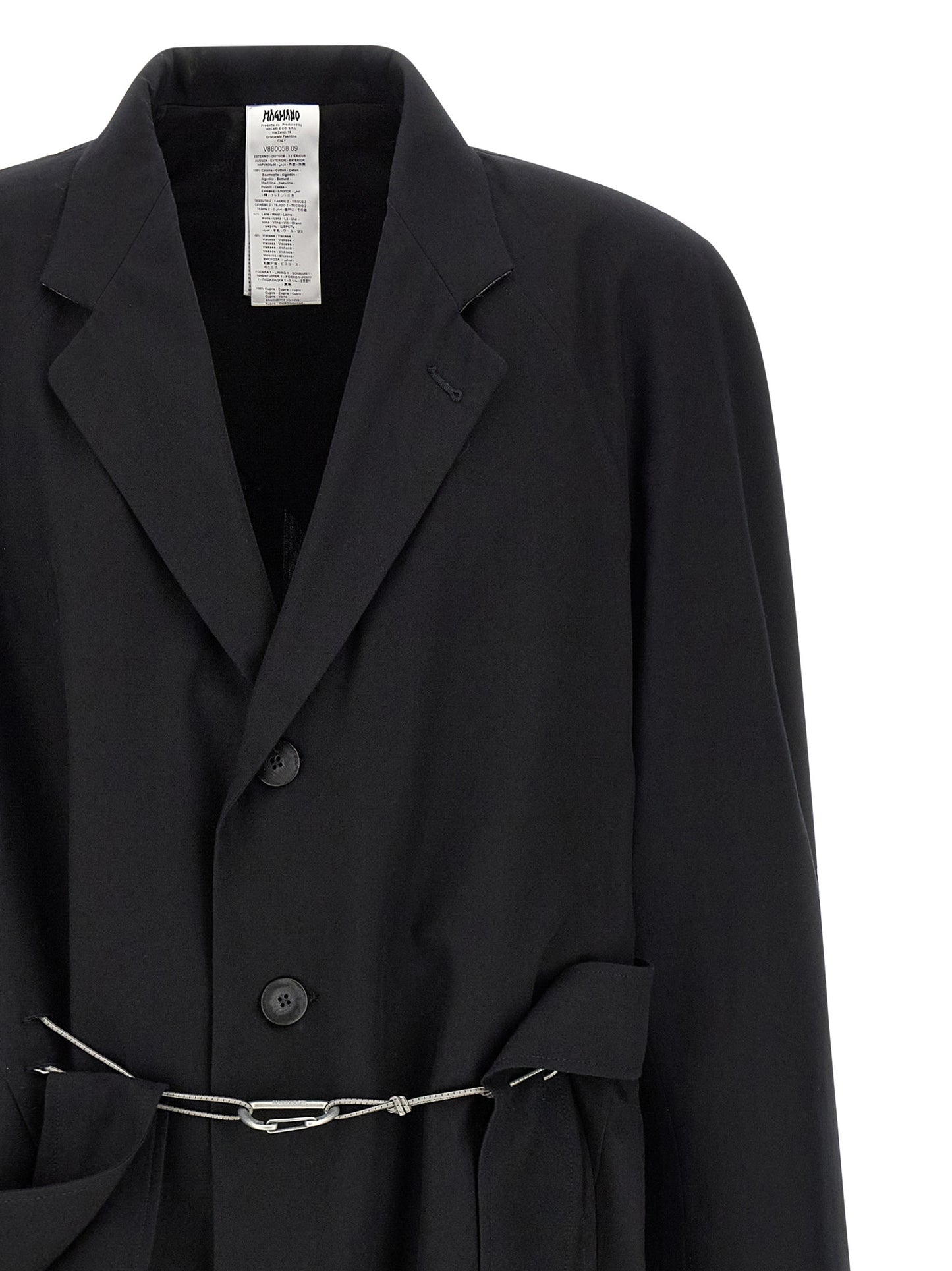 Trench Coat by Magliano for men in cotton black features an dramatic silhouette, perfectly showcasing the elegant v-neck neckline and sophisticated for a truly dramatic aesthetic.