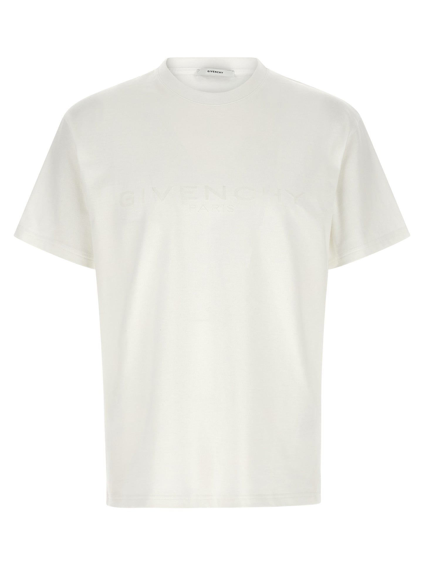 T-Shirt by Givenchy for men in cotton & silk white & jacquard showcases a fashionable silhouette, elegantly detailed with a fashionable short-sleeve and crew neckline for a sophisticated, high-fashion look.