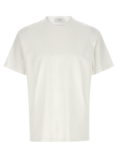 T-Shirt by Givenchy for men in cotton & silk white & jacquard showcases a fashionable silhouette, elegantly detailed with a fashionable short-sleeve and crew neckline for a sophisticated, high-fashion look.