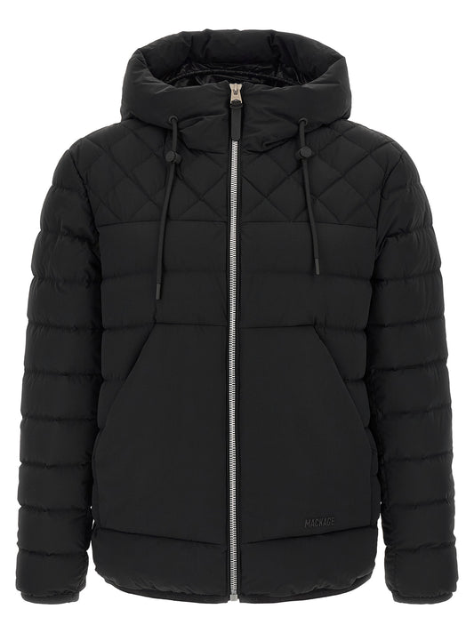 Hooded Puffer Jacket by Mackage for men in stretch nylon black features an on trend silhouette, showcasing refined windproof, hooded & insulated and a sophisticated hooded high-neck neckline for a truly on trend finish.