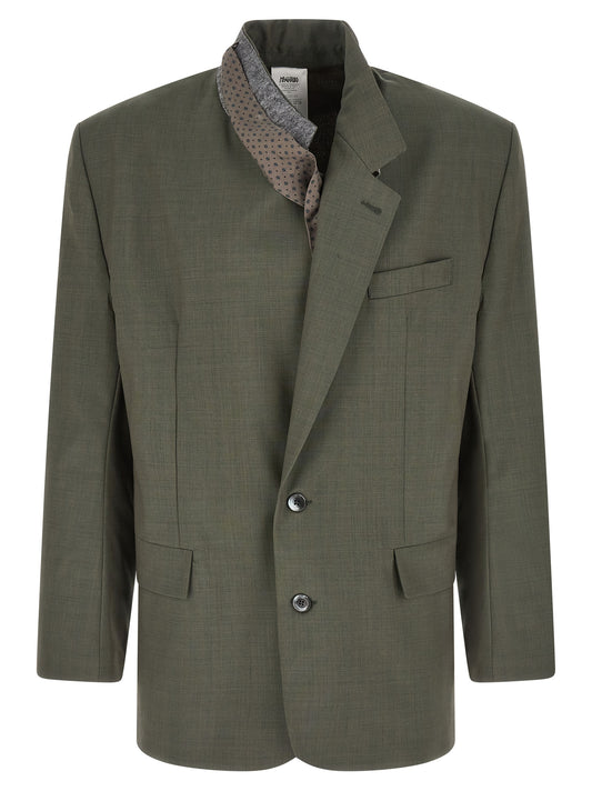 Blazer by Magliano for men in plush silk viscose & virgin wool bicolour, green & pearl showcases a discerning silhouette, elegantly detailed with a sophisticated and premium for a truly discerning finish.