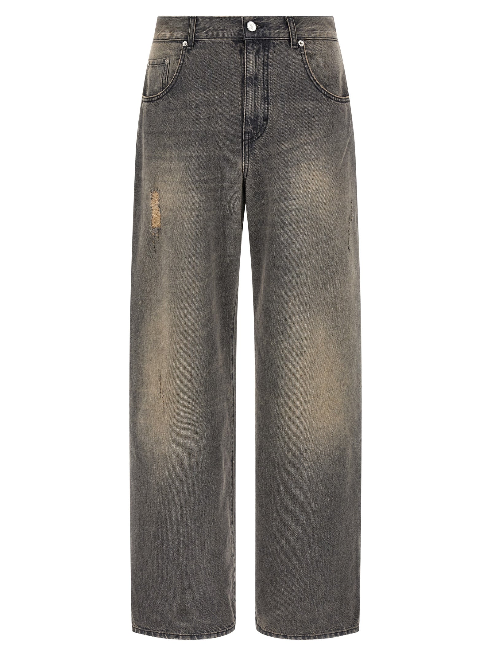 Jeans by SÉFR for men in denim cotton & suede leather black features an refined tailoring silhouette, showcasing a premium wide with a mid rise and long cut for a refined tailoring look.