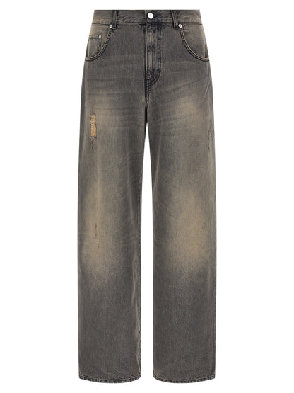 Jeans by SÉFR for men in denim cotton & suede leather black features an refined tailoring silhouette, showcasing a premium wide with a mid rise and long cut for a refined tailoring look.