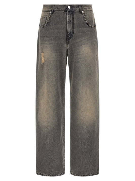 Jeans by SÉFR for men in denim cotton & suede leather black features an refined tailoring silhouette, showcasing a premium wide with a mid rise and long cut for a refined tailoring look.