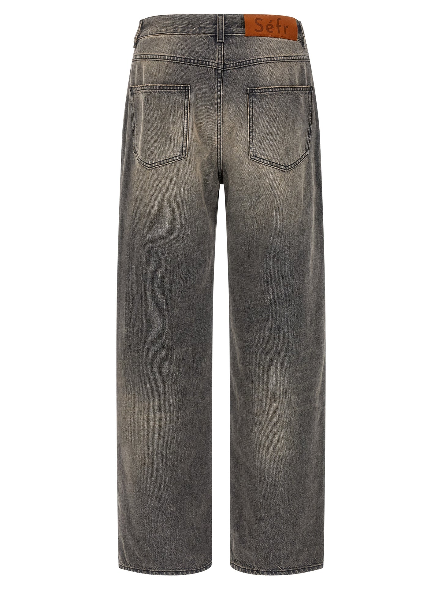 Jeans by SÉFR for men in denim cotton & suede leather black features a polished silhouette with a polished wide, reaching a polished long and finished with a polished mid rise.