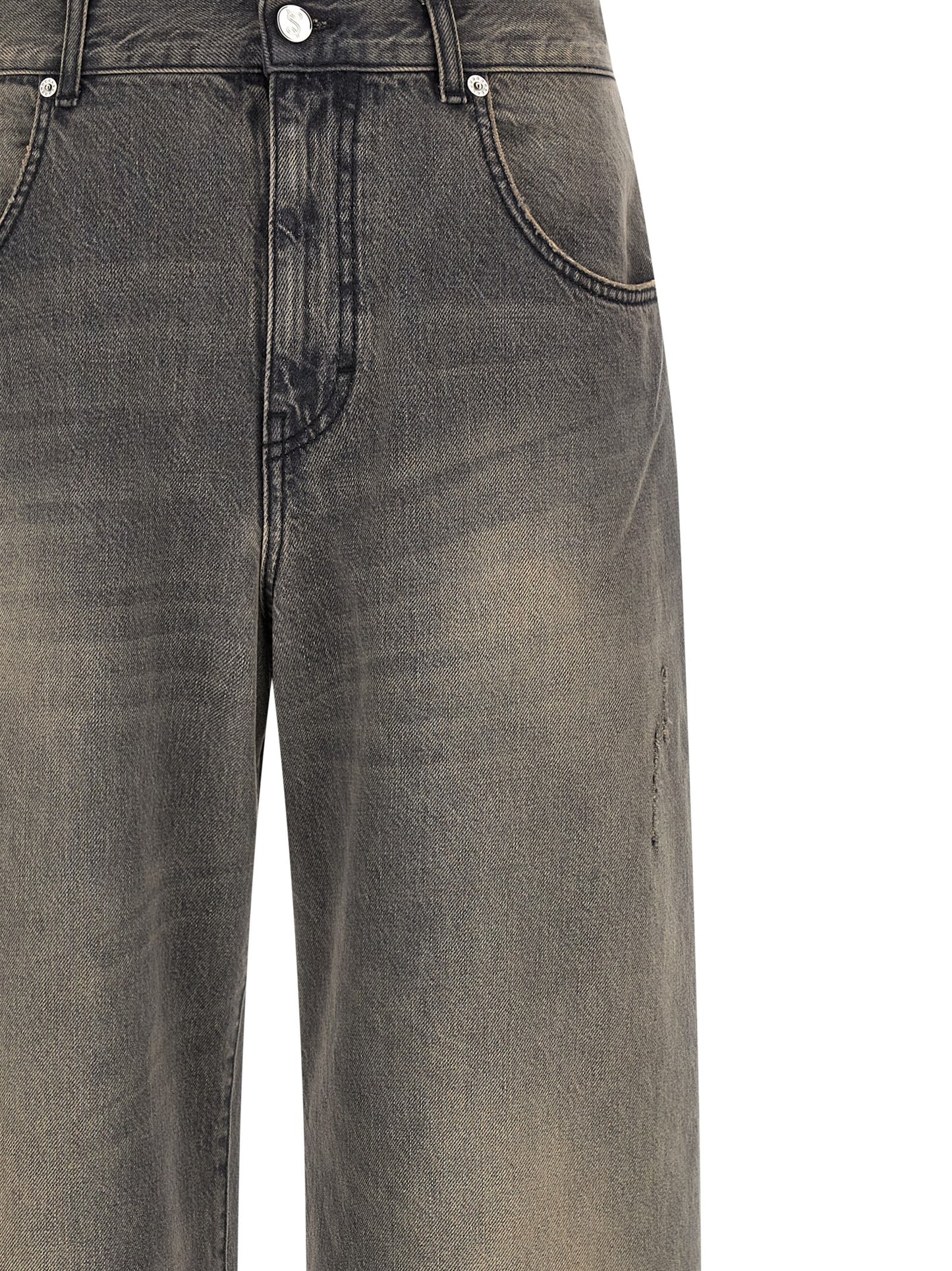 Jeans by SÉFR for men in denim cotton & suede leather black features an sophisticated mid rise and wide with a precise long, creating a sophisticated and sophisticated silhouette.