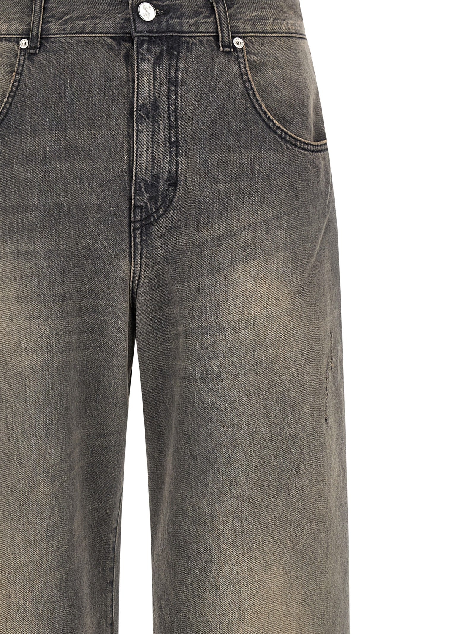 Jeans by SÉFR for men in denim cotton & suede leather black features an sophisticated mid rise and wide with a precise long, creating a sophisticated and sophisticated silhouette.