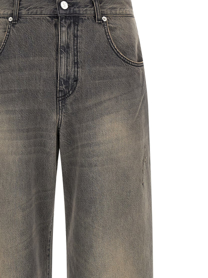 Jeans by SÉFR for men in denim cotton & suede leather black features an sophisticated mid rise and wide with a precise long, creating a sophisticated and sophisticated silhouette.