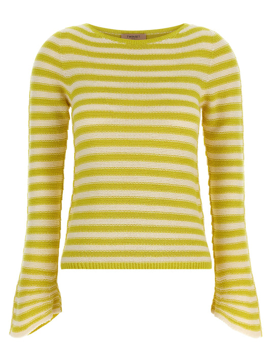 Cardigan by Twinset for women in plush cotton & polyamide bicolour, yellow & striped features an impeccable silhouette, showcasing a sophisticated crew neckline and long-sleeve detail for a truly impeccable finish.